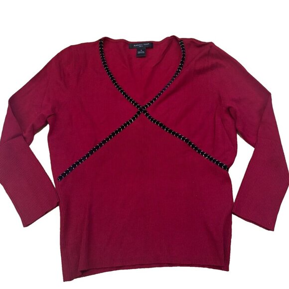 August Silk VNeck Sweater Top Marron Red with Black and Gold Braid Trim Womens M - Picture 1 of 7